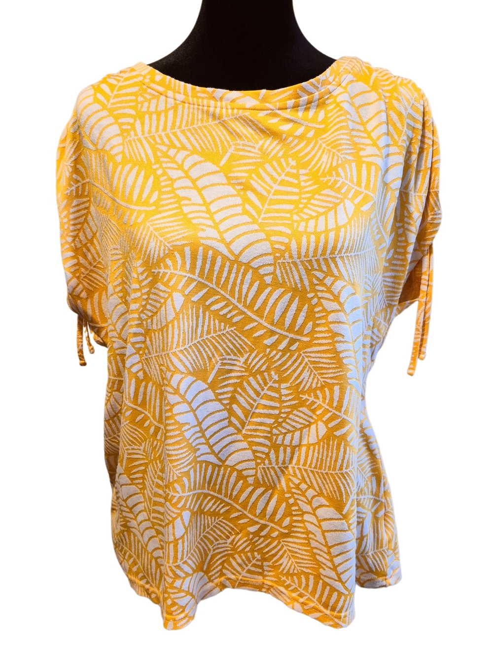 Liz Claiborne Yellow & White Tropical Leaf Ruched Sleeve Top – Size Large